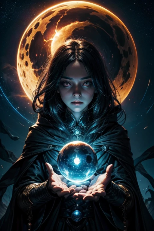 Orb of magician circle around, hand, creepy, dark of fantastic and cosmological with universal. Amazing view very bright and warm starry.