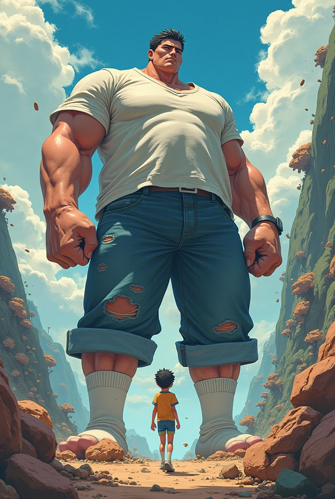 Anime, boy, white socks, giant, stomping 