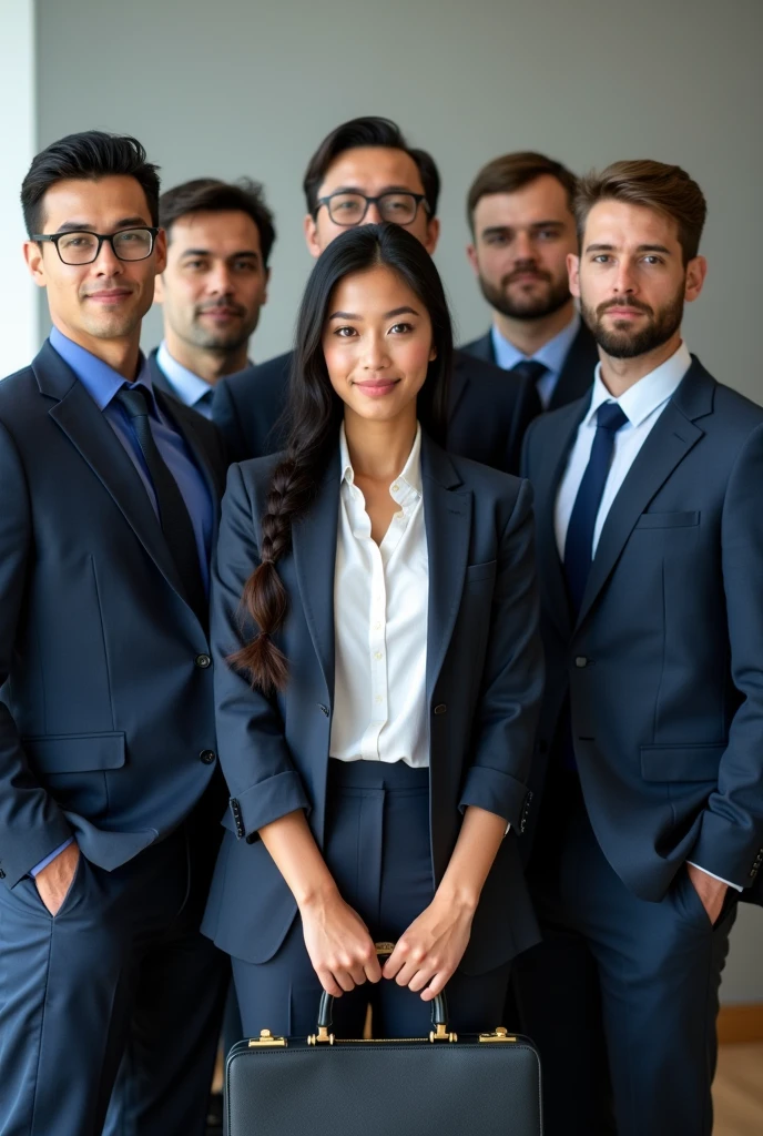 A humanized photo of four men in work uniforms around (One is black haired, another brown hair, the other with black hair and the other with darker brown hair, Everyone has white skin color) And in the middle of them is a girl in a work uniform with a briefcase in her hands., Her hair is black but with a braid that is on her shoulder
