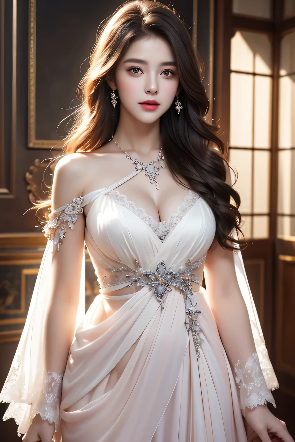 High-quality work,Realistic works,Super premium graphics,8K HD CG works,high quality graphics,High-definition and exquisite CG works,10x pixels,Ultra-fine details:1.1,Advanced technical details:1.1Realistic photo effects,Interior lighting effects:1.5,natural soft light:1.5. Light effect(Virtual light effects:1.8),ultra high resolution,shining dress,sliver long hair,silber hair,transparenthair,high detailed hair(Quality hair details:1.1)Clear eyes,Double eyelids look good,Sharp eye makeup, Create exquisite eyelash makeup, tthin eyebrows, Ultra-detailed eyes,a tall nose, lovely red lips, rosey cheeks, With delicate makeup on her face , pretty face, The face shape is perfectly proportioned,(Advanced facial details:1.1)8K, UHD, Masterpiece, extreme quality, 1 girl, good face, detailed eyes, very long hair, detailed lips, small breasts, detailed empress fantasy dress, rainbow fantasy dress, ((glowing dress:1.5)), lace, (bare waist:1.5), flowing sardine, beautiful fantasy, fantasy empress, beautiful alluring Realistic art, shining skin, in the balcony, Realistic shadow, depth of field, ray tracing, god rays, bloom, bokeh effect, , Women's artwork,Dress full body video,Realism,Amazing Cleavage,My eyes are very bright today