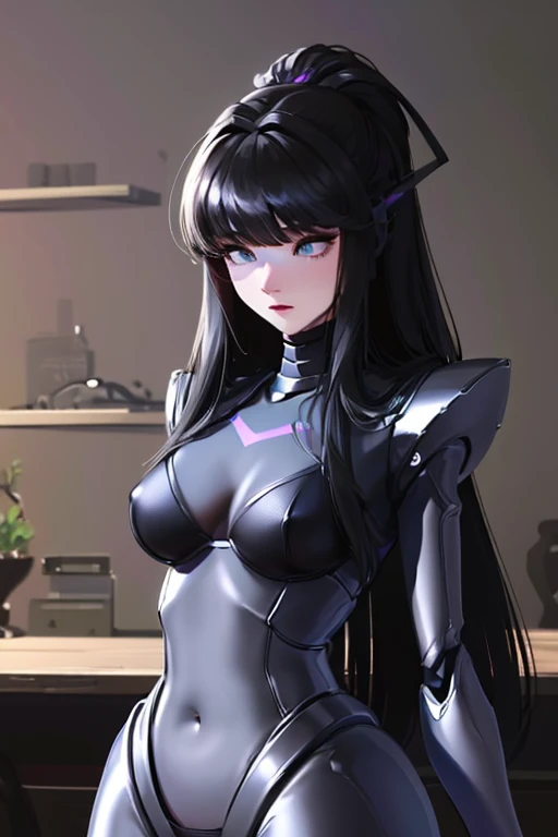 (masterpiece),(Highest quality),(Super detailed),(Best illustrations),(Best Shadow),(Absurd),(Detailed Background),(so beautiful), 16K, 8K, 4K,(Best Shadow),empty eyes,robotization,woman ,big bust,Robot Joint ,Metal skin,Black Suit,long hair,a black suit that covers the whole body