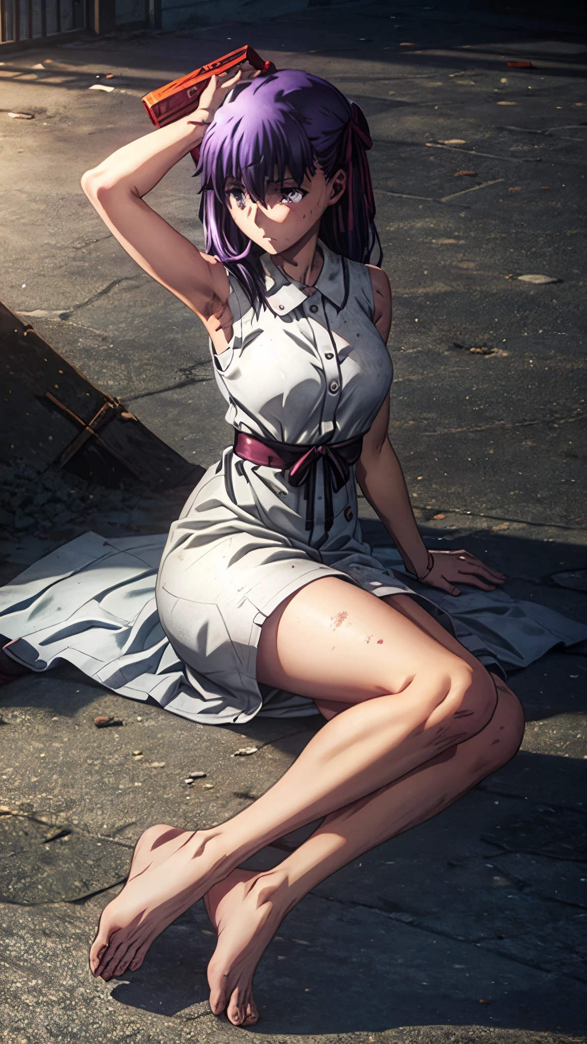 we are sakura, purple hair, sexy body, purple eyes, free hair, without bow, ((orange short maximum security prison dress, sleeveless and buttoned)), ((dirty maximum security prison isolation cell, empty and surrounded by bars)), (sitting with your hands behind your head and your feet separated or exposing the soles of your feet), (Whole body), (barefoot), Sunset, gloomy place, heat, distressed expression 