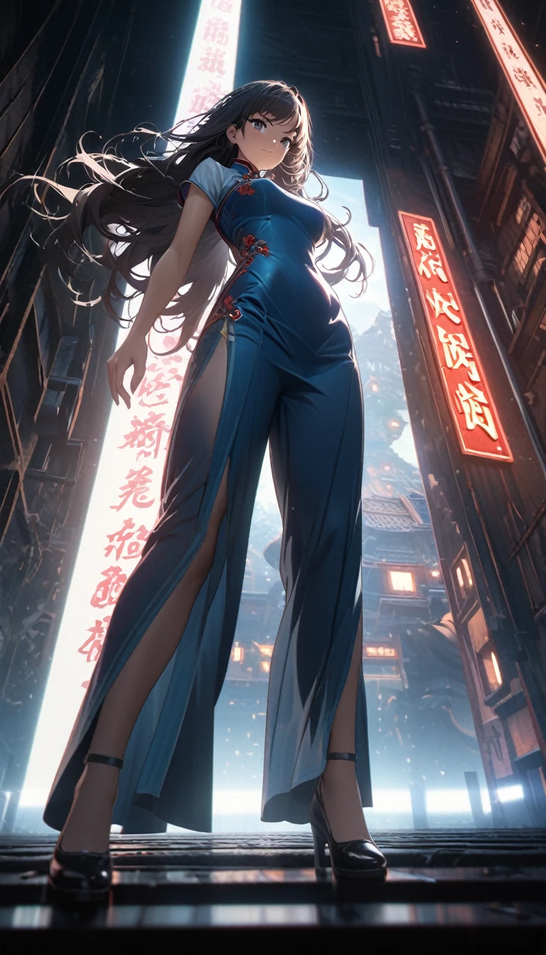 Cheongsam Girl，Long Hair，Pure white background，Depth of written boundary，Low angle view，Calf Level View，Overclocked Renderer，Cinema Lighting，Ultra-fine，Very detailed，complicated，Cinematic Perspective，CG Art，Side zipper