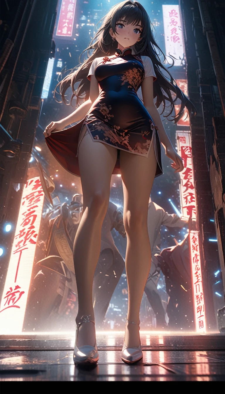 Cheongsam Girl,Long Hair,Pure white background,Depth of written boundary,Low angle view,Calf Level View,Overclocked Renderer,Cinema Lighting,Ultra-fine,Very detailed,complicated,Cinematic Perspective,CG Art,