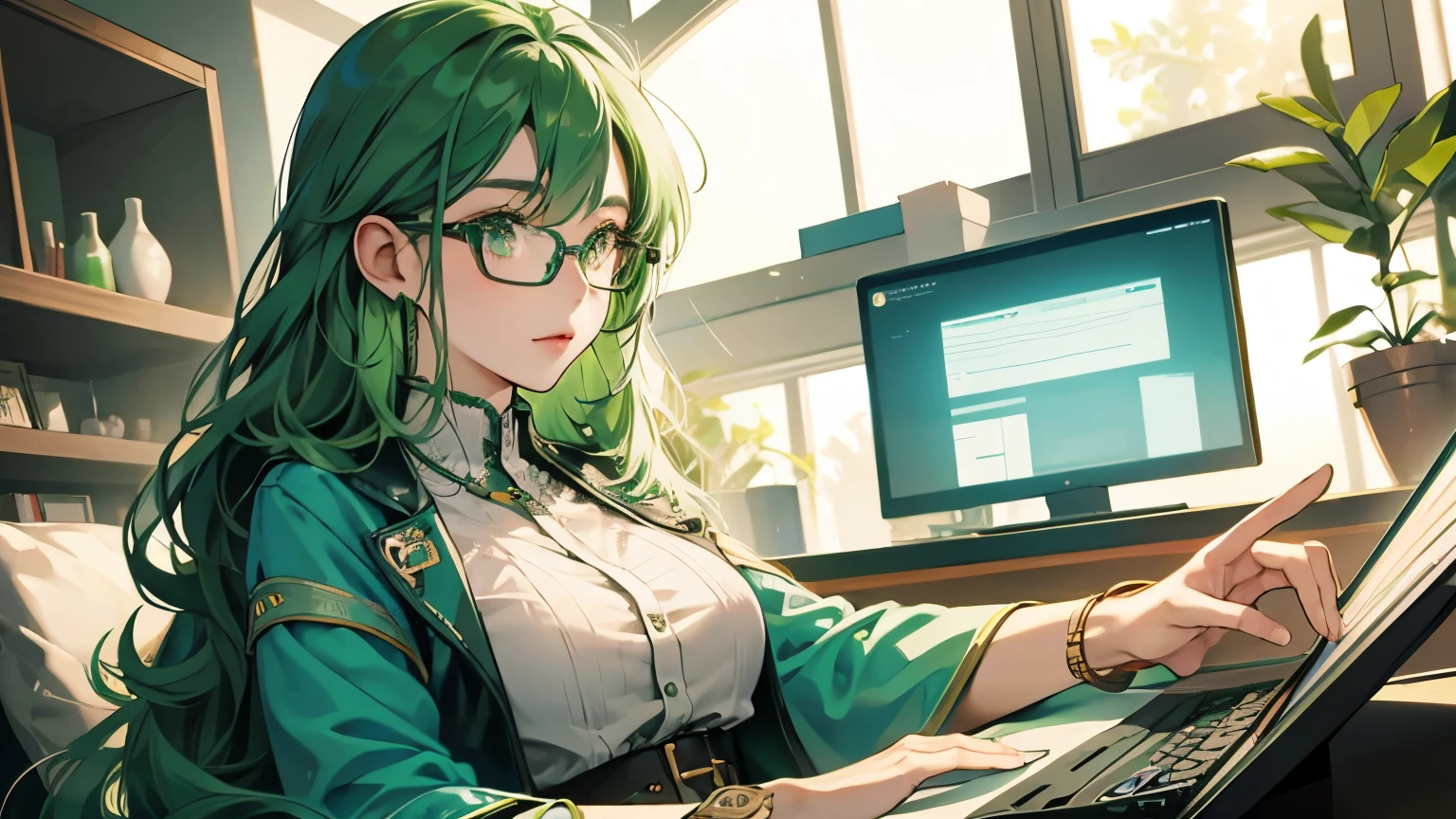 With PC、A beautiful green-haired woman with glasses trading tokens on defi based on her analysis