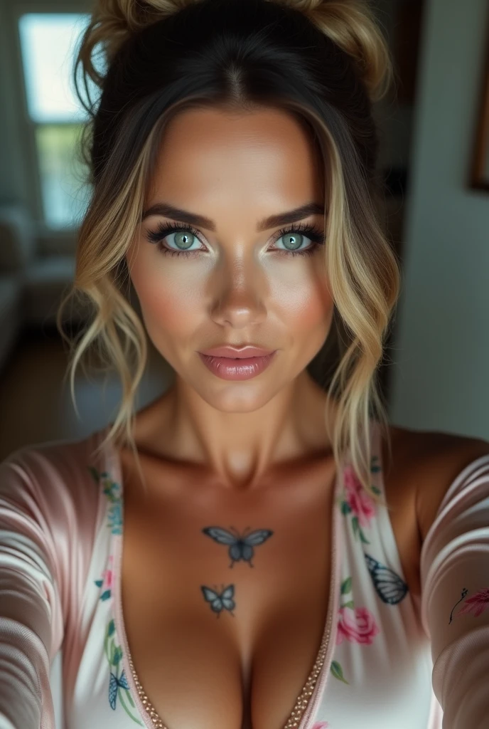 beautiful woman of 45 with blue eyes, dark brown hair with blonde roots, Hair in a bun with highlights, look directly into the camera, highly realistic, instagram selfie, close-up face, at home, Floral silk pajamas, Clothing tight to the body, Clothes too tight, film grain, fitter, muscular body, big boobs, Focus on face and upper body, Clothes too tight, seductive, silk robe, Glasses, Butterfly tattoos on the neck,
