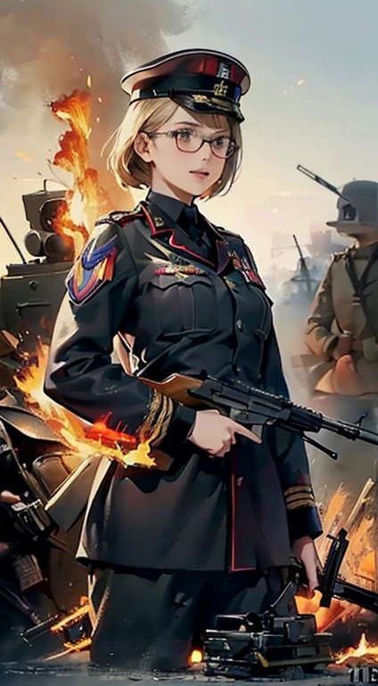 (Female soldier with well-trained body)、(((Fire machine guns to destroy enemy robots:1.4)))、1 Female 1 Robot、(Black combat uniform)、(platinum-blonde-hair:1.2)、shout out、Have multiple weapons、Running through the rubble、((超A high resolution))、Detail Write、​masterpiece、top-quality、extremely details CG、8K picture quality、Cinematographic lighting、lensflare、(Night combat)、((From the inside of the building to the outside))、Hyper-detailing、Android wreckage、((cowboy  shot:1.4))、Detailed firearm depiction、Firearms with perfect detail、Perfect barrel、High-speed driving、(dynamic ungle:1.4)、Scattered empty cartridge cases、 uzaki, outdoors, dynamic pose, naked overalls bare shoulders bigass bighip、FUCK　FUCKOFF　sexlyroupa modesta, remote shooting, detailed beautiful delicate face, Detailed beautiful delicate eyes, perfect facial proportions, High definition skin, thin skin, best four inch aspect ratio. With a thumb, a masterpiece, highy detailed, Realistic, (German World War II general uniform reference : 1.8), the highest facial resolution, , modestly dressed woman, fully dressed, ( mic, blackquality hair, black bangs straight, super thin braids, bangs straight, Red glasses, dark green eye, science fiction, Fighter aircraft, standing On the landing of a Fighter aircraft, the agency, a deeply intelligent personality, A calm expression, a respectful face, a war, a Fighter aircraft (((Woman firing an automatic rifle:1.5、excluding sight,A detailed depiction of an automatic rifle:1.7))),Synchronize your gaze and body direction、(((perfect anatomy:1.4,realistic:1.4,RAW Photography:1.4,masterpiece、highest quality、Ultra - High resolution、High resolution、Highly detailed CG、8K))),cowboy shot,1 female,solo、1 beauty,Japanese,((beautiful detailed face and eyes:1.3,big gorgeous eyes:1.3,gray eyes)),black hair,short bob hair,blunt bangs,Serious expression,(medium breasts,slender body,small head:1.3,skinny),(gleaming skin:1.4,oily skin,shiny skin),
