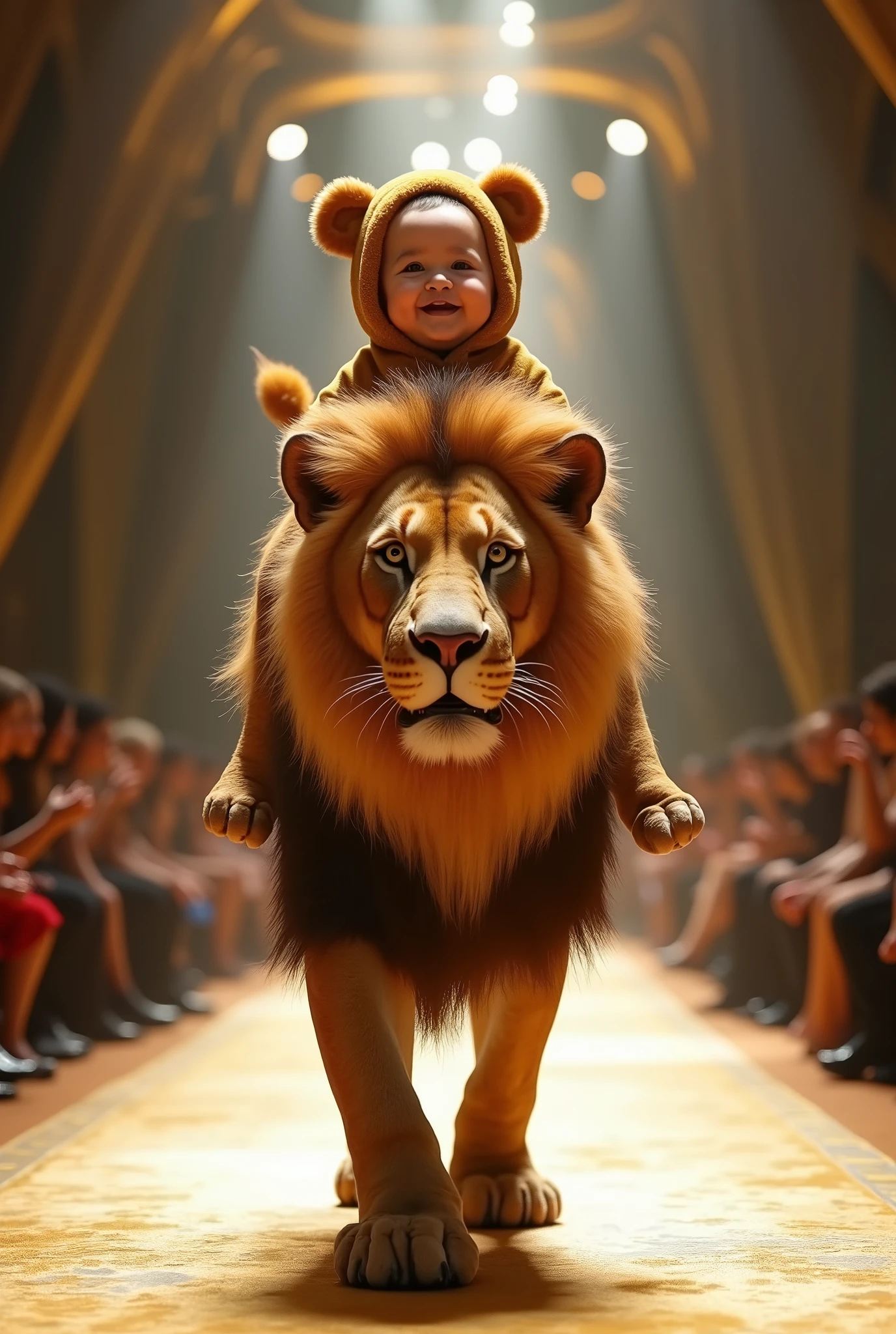 a baby with a happy face dressed as a lion is riding a real lion on the catwalk model, ultra realistic