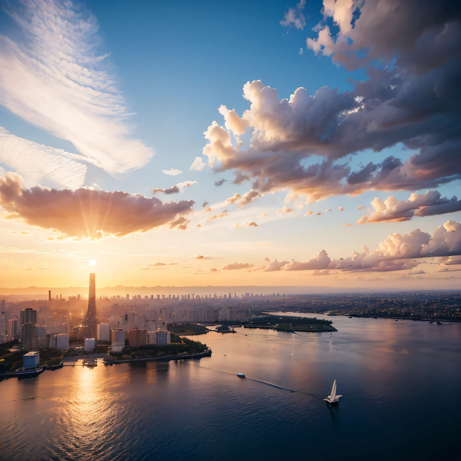 A scene of floating in the sky that draws you in. Blue sky and three-dimensional clouds. High resolution.(8k)、Ultra-high precision、Realistic texture、The city below、horizontal line、Vast、panorama、Rear Stick、Brilliant、masterpiece、sunset、curve、bird's Eye View、evening、photograph、Shadow and light details、
