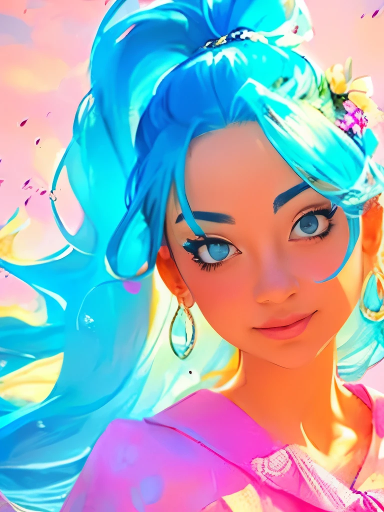 (masterpiece), (best quality), (ultra detailed),(disheveled hair),(illustration), (1girl), (Fashionable clothing), standing, Fashion model, looking at viewer, (interview), (simple background),beautiful detailed eyes, delicate beautiful face, Floating,(high saturation),(colorful splashes),colorful bubble,(shining), focus on face, ponytail, kamisato ayaka, light blue hair, bangs, hair ring, floating flowers, floating hairs, (shining), best lighting, best shadow,