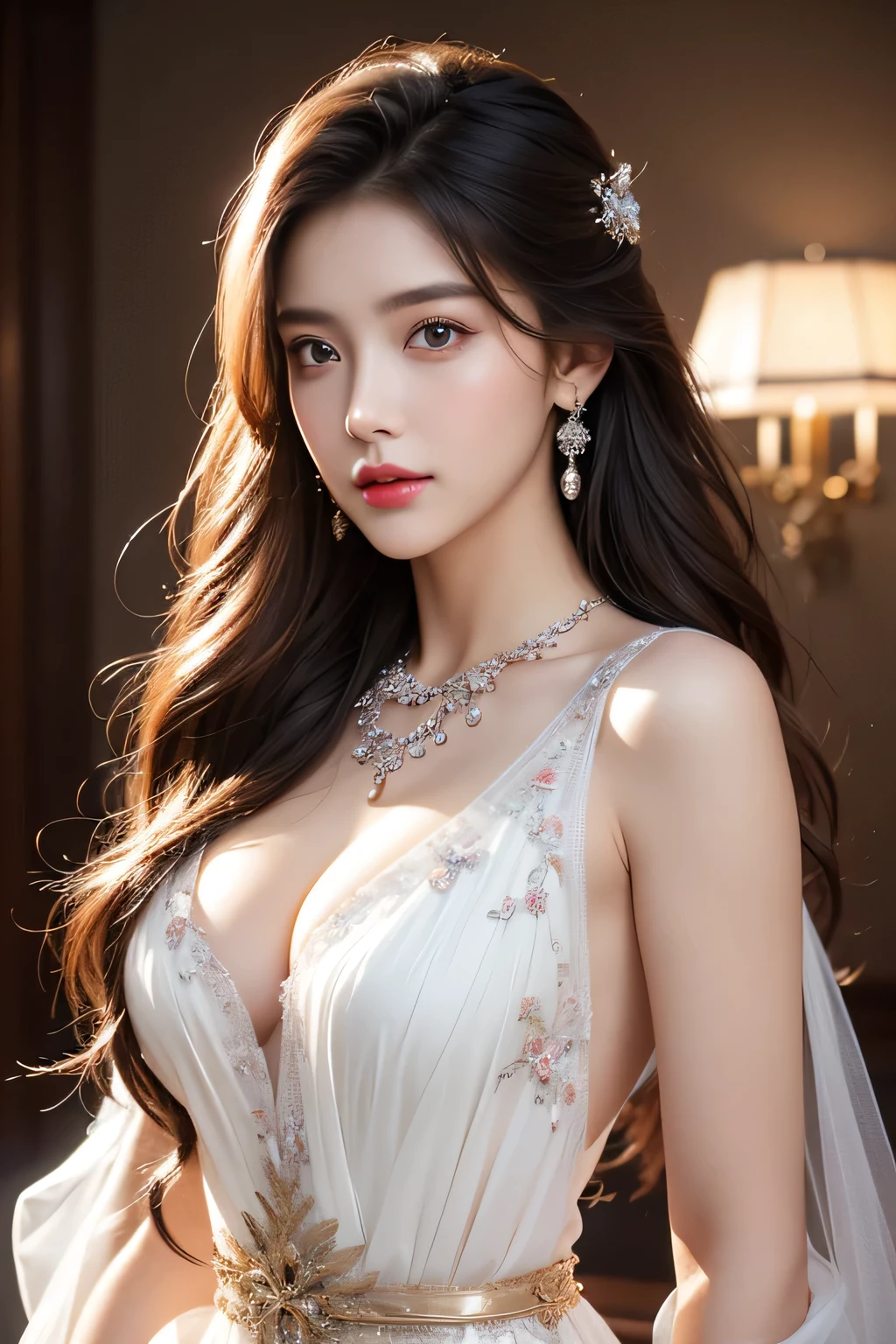 High-quality work,Realistic works,Super premium graphics,8K HD CG works,high quality graphics,High-definition and exquisite CG works,10x pixels,Ultra-fine details:1.1,Advanced technical details:1.1Realistic photo effects,Interior lighting effects:1.5,natural soft light:1.5. Light effect(Virtual light effects:1.8),ultra high resolution,shining dress,sliver long hair,silber hair,transparenthair,high detailed hair(Quality hair details:1.1)Clear eyes,Double eyelids look good,Sharp eye makeup, Create exquisite eyelash makeup, tthin eyebrows, Ultra-detailed eyes,a tall nose, lovely red lips, rosey cheeks, With delicate makeup on her face , pretty face, The face shape is perfectly proportioned,(Advanced facial details:1.1)8K, UHD, Masterpiece, extreme quality, 1 girl, good face, detailed eyes, very long hair, detailed lips, small breasts, detailed empress fantasy dress, rainbow fantasy dress, ((glowing dress:1.5)), lace, (bare waist:1.5), flowing sardine, beautiful fantasy, fantasy empress, beautiful alluring Realistic art, shining skin, in the balcony, Realistic shadow, depth of field, ray tracing, god rays, bloom, bokeh effect, , Women's artwork,Dress full body video,Realism,Amazing Cleavage,My eyes are very bright today