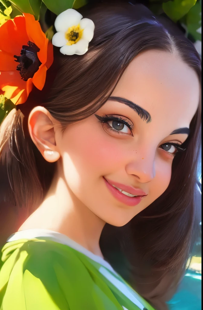 (pixarstyle: 1.25) portrait of a , Natalie Portman, smiles, waist length with flower basket overgrown with poppy flower, natural skin texture, 4k textures, hdr, complex, highly detailed, sharp focus, cinematic look, hyper-detailed