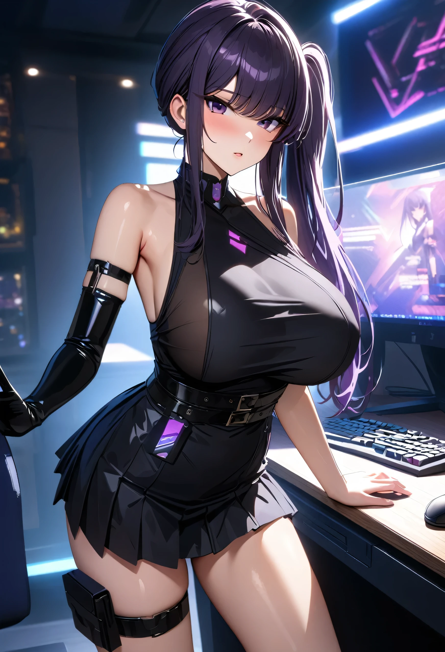 Gamer girl, Komi Shouko, ((big breasts:1.3)), embarrassing, looking at the camera, medium hair, hair between eyes, side ponytail, (purple eyes:1.1), purple hair, skirt, gloves, dress, bare shoulders, pleated skirt, sleeveless, black gloves, elbow gloves, belt, miniskirt, black skirt, black footwear, (black dress:1.5), thigh strap, sleeveless dress, halterneck, armband, single glove, black belt, pleated dress, arm strap, in a room with gamer computers, cyberpunk, perfect lighting, HDR, ultra resolution , very detailed, masterpiece, ultra quality, 4K HD, NSFW,