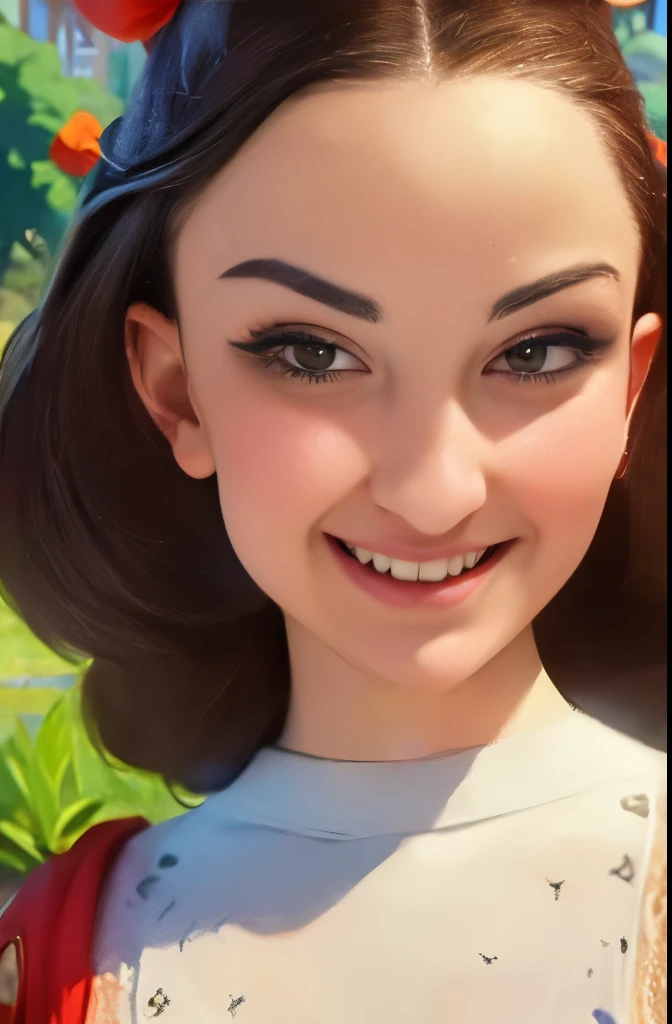 (pixarstyle: 1.25) portrait of a , Natalie Portman, smiles, waist length with flower basket overgrown with poppy flower, natural skin texture, 4k textures, hdr, complex, highly detailed, sharp focus, cinematic look, hyper-detailed