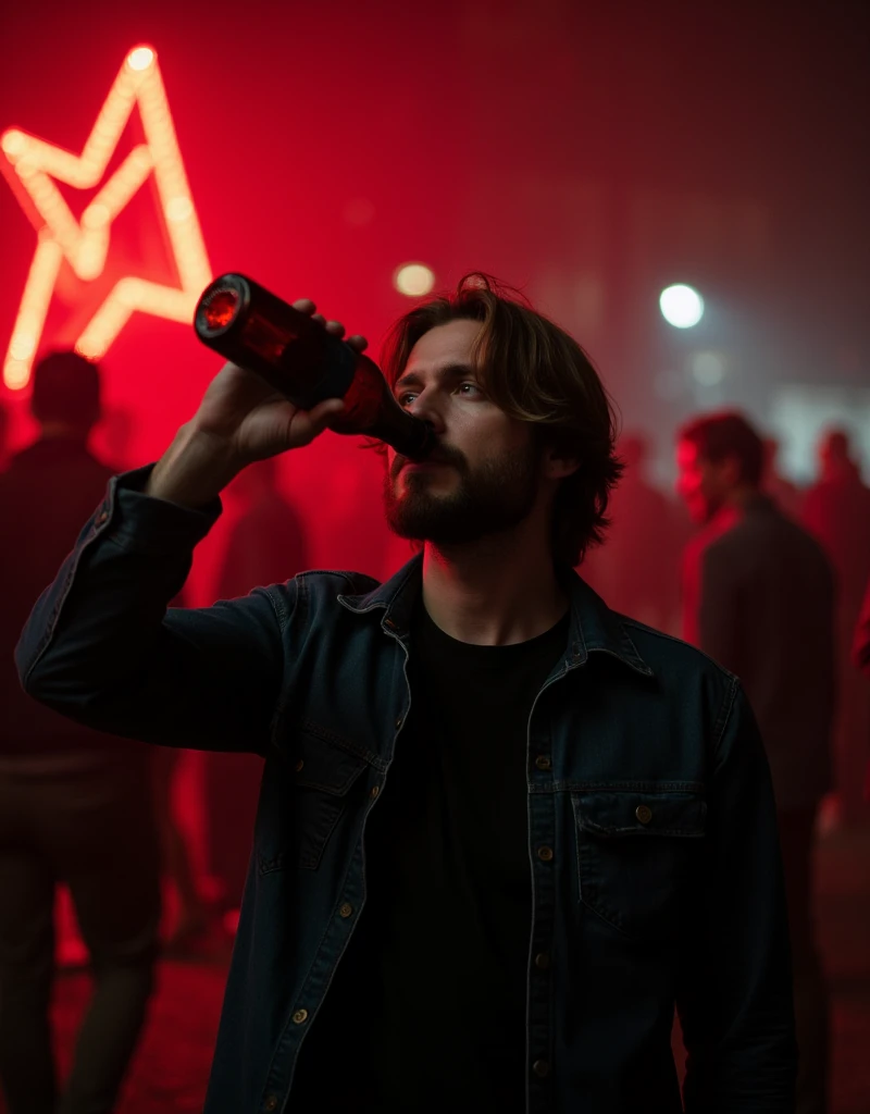 Create a anime style landscape image. Stylized portrait photograph with a dark, moody aesthetic. The layout is vertical, focusing on a single male subject in the center. The man has medium-length, wavy hair that is reddish-brown in color. He has a light to medium skin tone and a well-groomed beard. He is wearing a dark denim shirt over a black t-shirt and is holding a bottle to his mouth, appearing to drink from it. The background is blurred with a reddish hue, featuring indistinct shapes and lights, possibly indicating a crowd or a festive environment. The overall color scheme is dominated by dark reds and blacks, giving the image a dramatic and intense feel.