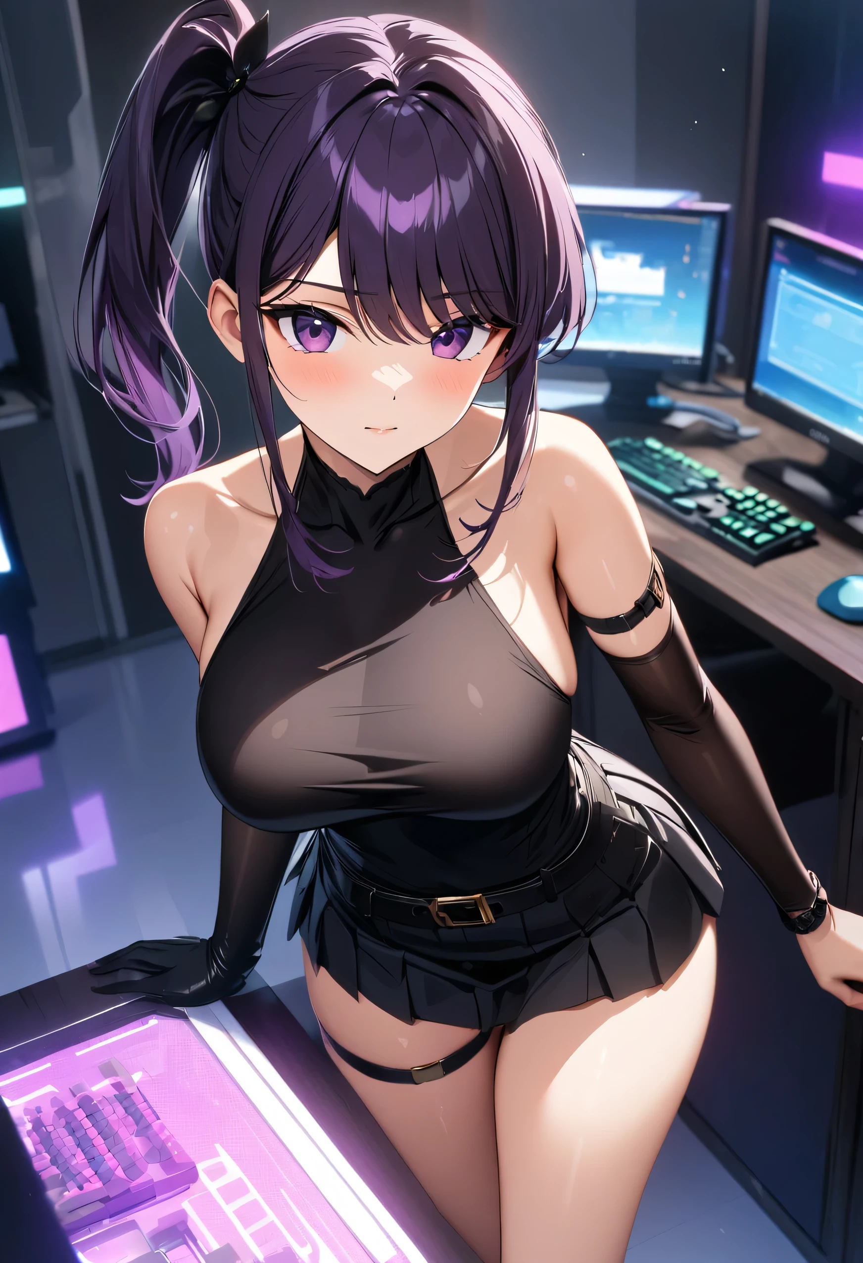 Gamer girl, Komi Shouko, ((big breasts:1.1)), embarrassing, looking at the camera, ((medium hair, hair between eyes, side ponytail)), (purple eyes:1.1), purple hair, skirt, gloves, dress, bare shoulders, pleated skirt, sleeveless, black gloves, elbow gloves, belt, miniskirt, black skirt, black footwear, (black dress:1.5), thigh strap, sleeveless dress, halterneck, armband, single glove, black belt, pleated dress, arm strap, in a room with gamer computers, cyberpunk, perfect lighting, HDR, ultra resolution , very detailed, masterpiece, ultra quality, 4K HD, NSFW,