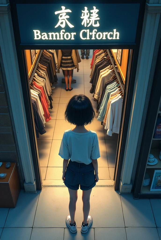 The generated shot shows a short-haired girl standing at the door of the clothing store Botton on and looking up。Use a bird's-eye view,Photographed the girl's back and the clothing store logo