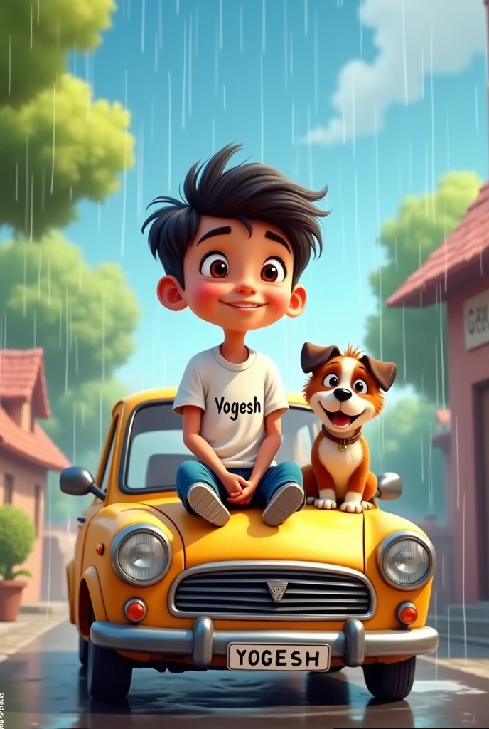 1 boy sit on the car and enjoy rain his name is yogesh write the t shirt and his hand 1 dog she is name is rio 2d cartoon