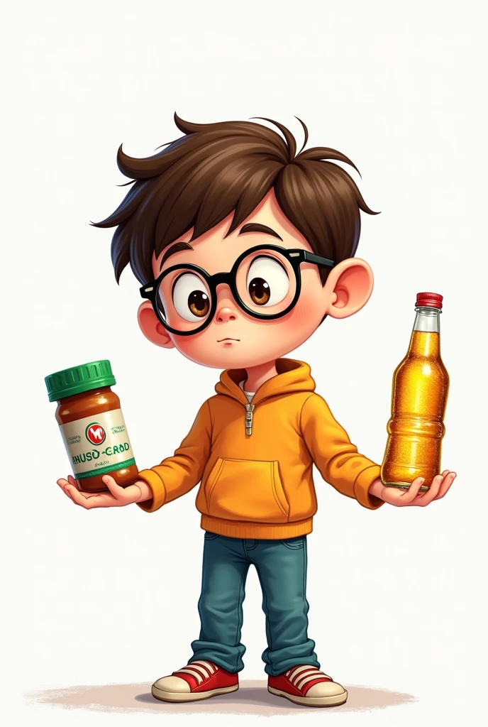 Make a boy cartoon drawing about a wise and intelligent consumer comparing a real and a fake product, one product is cheap but fake and the other one has a higher price but the product is real and effective