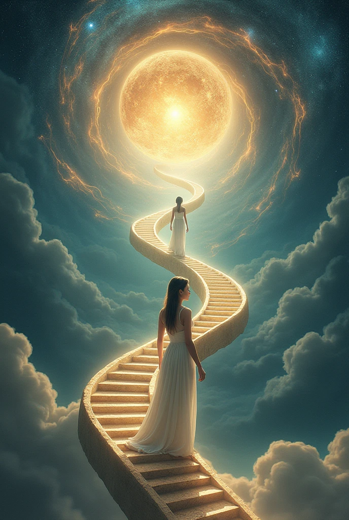 Universal ascension exploring dimensions woman ascending a DNA-shaped staircase between worlds spheres of ascension path between spiritual worlds, dimensional, and new realities until reaching paradise to God. According to Urantia Book