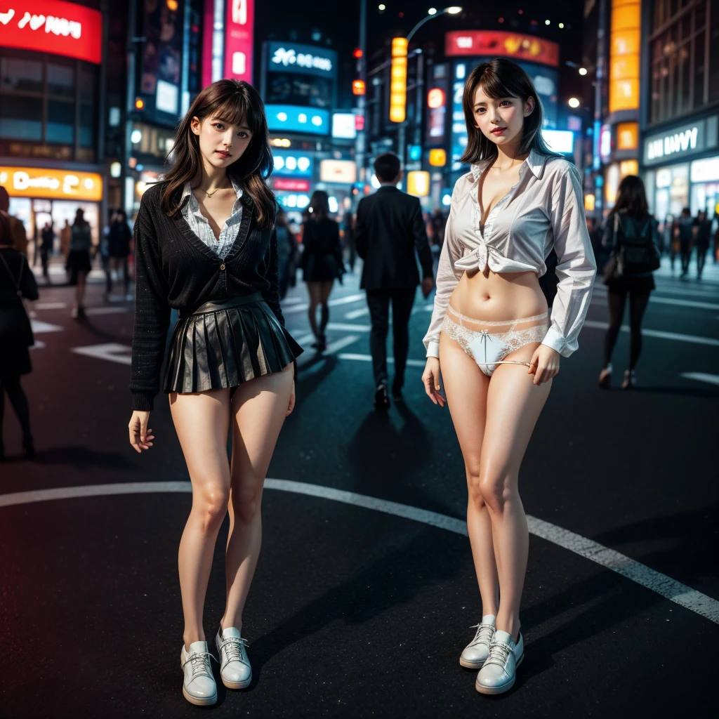 TopQuality 8K UltraDetailed Masterpiece(ProfessionalPHOTO:1.37), ExtremelyDetailed(Office Ladies), Gigantic Cleavage, Detailed Delicate Closing textures, Undressing ((pull down panties:1.28)) ((panty pull)) (wearing skirt:1.28), Dusk {((Shibuya Scramble Crossing)) | Large Screen | Unbuttoned White Shirt | Blood Stained (white panties) | Red Shoes}, (Acutance:0.8)(Luminism:1.2), Blurrd Colorful Lights, Starry Particles ,