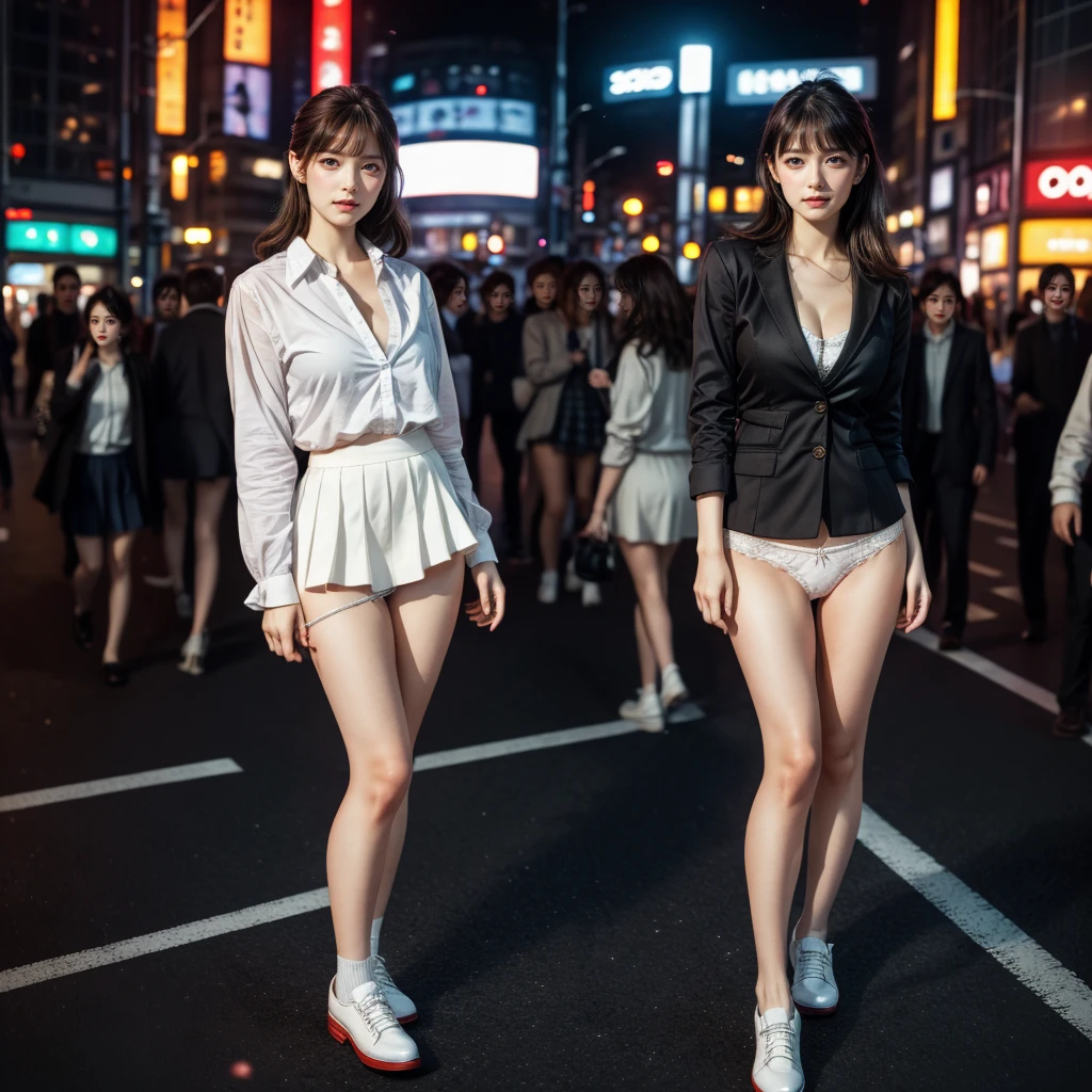 TopQuality 8K UltraDetailed Masterpiece(ProfessionalPHOTO:1.37), ExtremelyDetailed(Office Ladies), Gigantic Cleavage, Detailed Delicate Closing textures, Undressing ((pull down panties:1.28)) ((panty pull)) (wearing skirt:1.28), Dusk {((Shibuya Scramble Crossing)) | Large Screen | Unbuttoned White Shirt | Blood Stained (white panties) | Red Shoes}, (Acutance:0.8)(Luminism:1.2), Blurrd Colorful Lights, Starry Particles ,