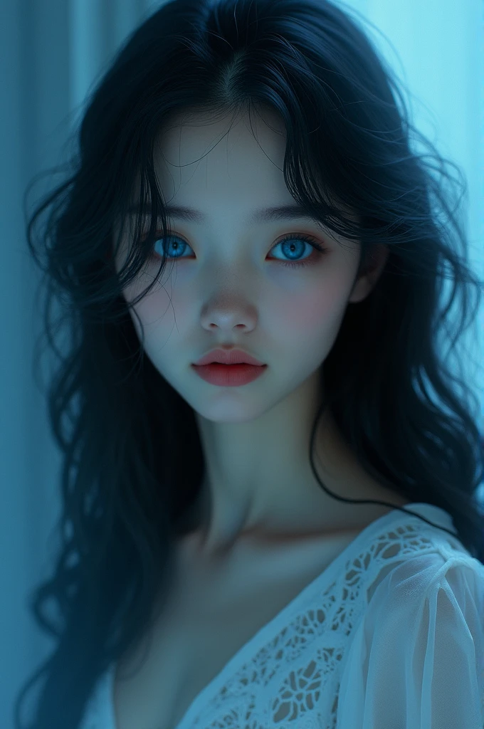 A beautiful girl with dark hair, blue eyes, long black hair, blue haze