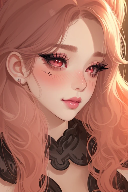 1 girl, close up shot, detailed face, cute face, peach skin tone, smooth skin, blush red cheeks and face, light smirk, long curly hair, attractive makeup, heavy makeup, long eyelashes, long eyeliner, excessive eye makeup, black smokey eyeshadow, heavy eyeshadow, glossy baby pink lipstick, glossy lips, heavy makeup, soft light