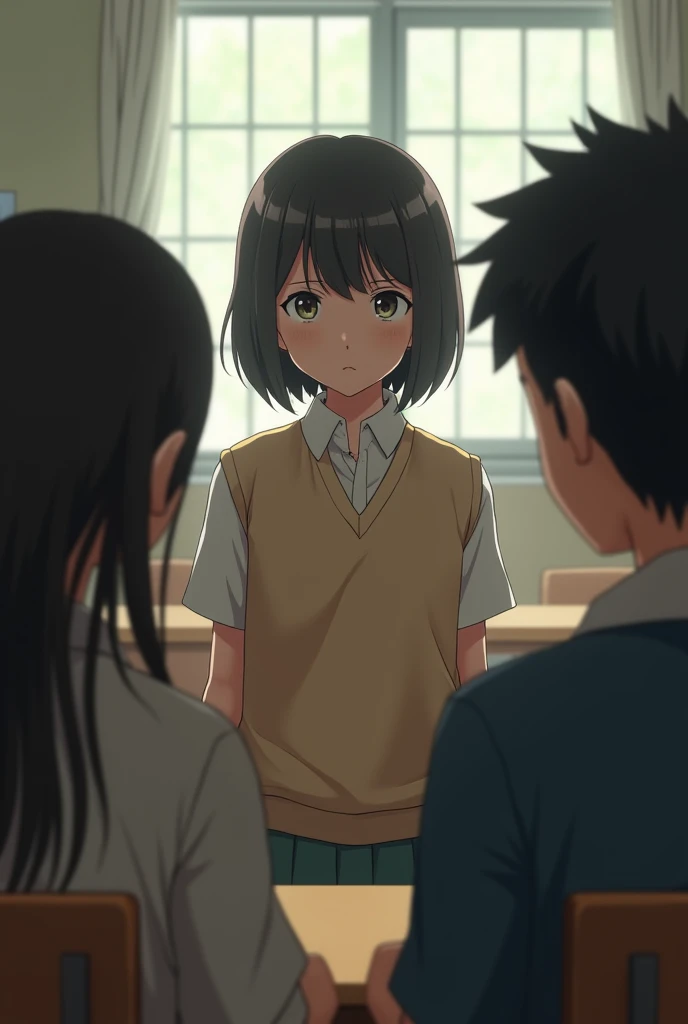 1 girl jealous of two students sittogether . Jealous girl is behind