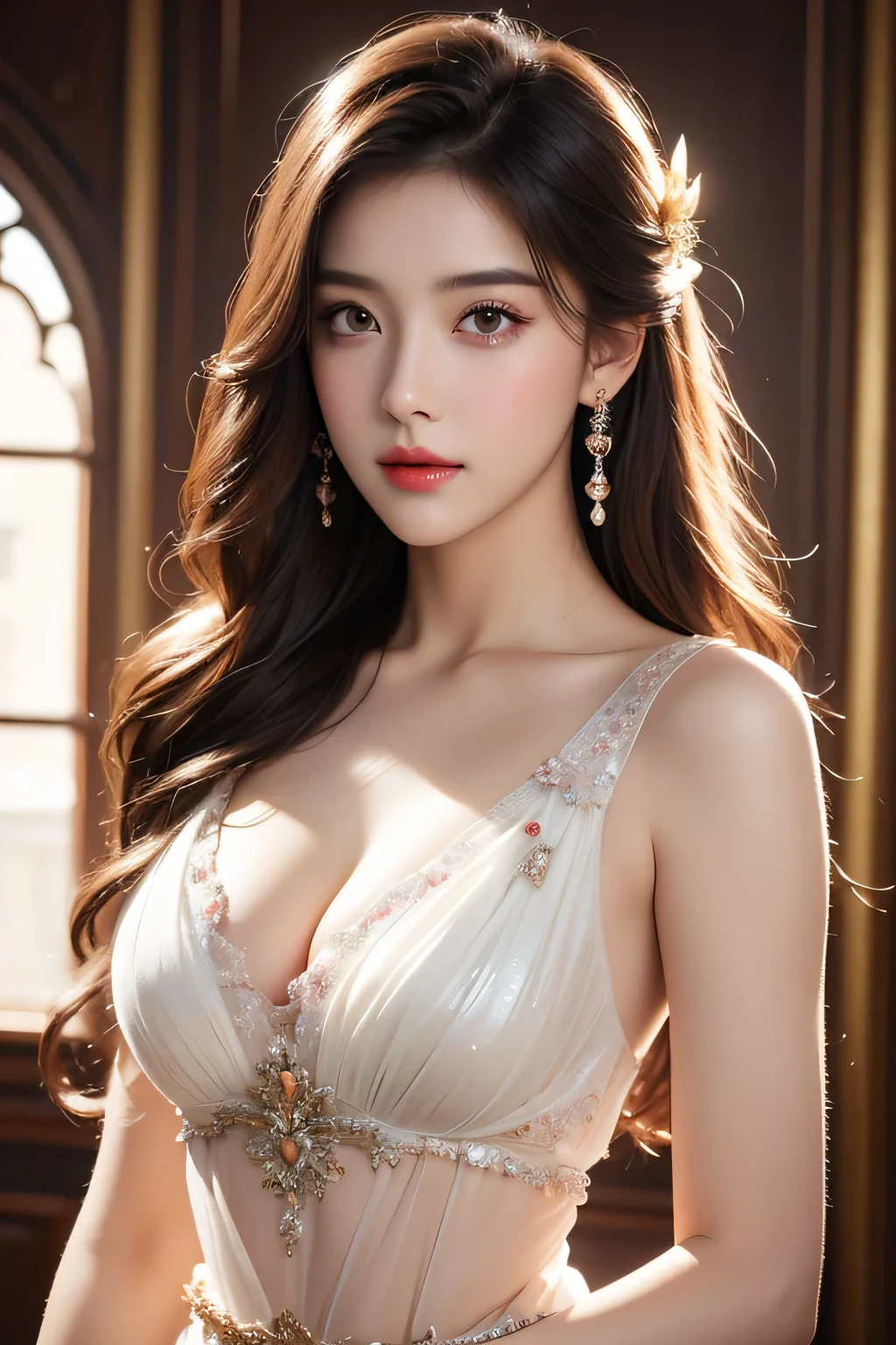 High-quality work,Realistic works,Super premium graphics,8K HD CG works,high quality graphics,High-definition and exquisite CG works,10x pixels,Ultra-fine details:1.1,Advanced technical details:1.1Realistic photo effects,Interior lighting effects:1.5,natural soft light:1.5. Light effect(Virtual light effects:1.8),ultra high resolution,shining dress,sliver long hair,silber hair,transparenthair,high detailed hair(Quality hair details:1.1)Clear eyes,Double eyelids look good,Sharp eye makeup, Create exquisite eyelash makeup, tthin eyebrows, Ultra-detailed eyes,a tall nose, lovely red lips, rosey cheeks, With delicate makeup on her face , pretty face, The face shape is perfectly proportioned,(Advanced facial details:1.1)8K, UHD, Masterpiece, extreme quality, 1 girl, good face, detailed eyes, very long hair, detailed lips, small breasts, detailed empress fantasy dress, rainbow fantasy dress, ((glowing dress:1.5)), lace, (bare waist:1.5), flowing sardine, beautiful fantasy, fantasy empress, beautiful alluring Realistic art, shining skin, in the balcony, Realistic shadow, depth of field, ray tracing, god rays, bloom, bokeh effect, , Women's artwork,Dress full body video,Realism,Amazing Cleavage,My eyes are very bright today
