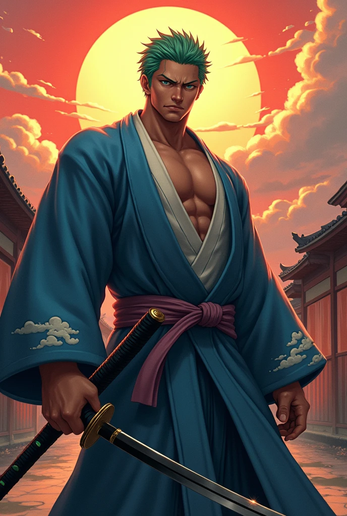 Roronoa zoro (head of&#39;artwork, 4K resolution, ultra realistic, very detailed), (White Samurai Theme, charismatic, there is a swordsman next to&#39;a japanese "to go up" pub, portant un kimono bleu avec des détails de nuages sur le "heart" runway, He is the commander of the Mugiwara Band's First Division., travail "une pièce"), [ ((19 years), (cheveux verts courts:1.2),  tout le corps, (blue eye:1.2), ((La pose de Roronoa zoro), démonstration de force, drawing d&#39;one hand his katanas enma), ((Japanese rural environment):0.8)| (rural landscape, at dusk, lumières dynamiques), (Blinded sun)), 1 katana]. # Explication: L&#39;invite mainly describes a 4K painting in ultra high definition, very realistic, very detailed. It shows a swordsman, maître du style Santoryu des katanas, wearing a blue kimono with cloud details at the waist. The subject of the painting is that of&#39;a white swordsman., tenant d&#39;une main son katana noir enma, the male protagonist has cheveux verts courts, it is 1 and its entire defined body is shown in the table, with the characteristics of the&#39;pumped endomorph.