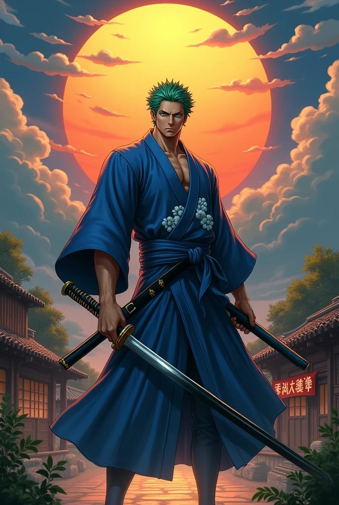 Roronoa zoro (head of&#39;artwork, 4K resolution, ultra realistic, very detailed), (White Samurai Theme, charismatic, there is a swordsman next to&#39;a japanese "to go up" pub, portant un kimono bleu avec des détails de nuages sur le "heart" runway, He is the commander of the Mugiwara Band's First Division., travail "une pièce"), [ ((19 years), (cheveux verts courts:1.2),  tout le corps, (blue eye:1.2), ((La pose de Roronoa zoro), démonstration de force, drawing d&#39;one hand his katanas enma), ((Japanese rural environment):0.8)| (rural landscape, at dusk, lumières dynamiques), (Blinded sun)), 1 katana]. # Explication: L&#39;invite mainly describes a 4K painting in ultra high definition, very realistic, very detailed. It shows a swordsman, maître du style Santoryu des katanas, wearing a blue kimono with cloud details at the waist. The subject of the painting is that of&#39;a white swordsman., tenant d&#39;une main son katana noir enma, the male protagonist has cheveux verts courts, it is 1 and its entire defined body is shown in the table, with the characteristics of the&#39;pumped endomorph.