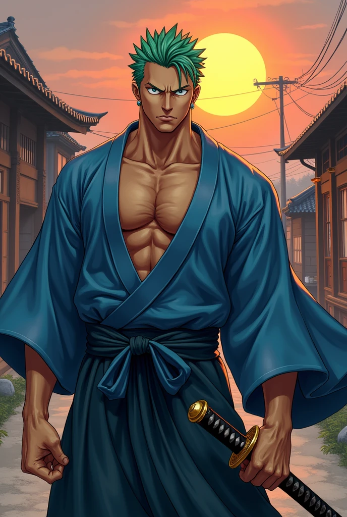 Roronoa Zoro (chef-d'œuvre, Résolution 4K, Ultra réaliste, très détaillé), (Thème du samouraï blanc, charismatique, épéiste à côté d'un bar japonais "monter", portant un kimono bleu avec des détails de nuages sur le "cœur", commandant de la première division du chef de la bande Mugiwara, tiré de "One Piece"), [(19 ans), (cheveux verts courts : 1.2), tout le corps, (yeux bleus : 1.2), ((Pose de Roronoa Zoro), démonstration de force, dégainant d'une main son katana Enma), fumant une cigarette électronique, [(Environnement rural japonais : 0.8) | (paysage rural, au crépuscule, lumières dynamiques), soleil aveuglant)], 1 katana].
