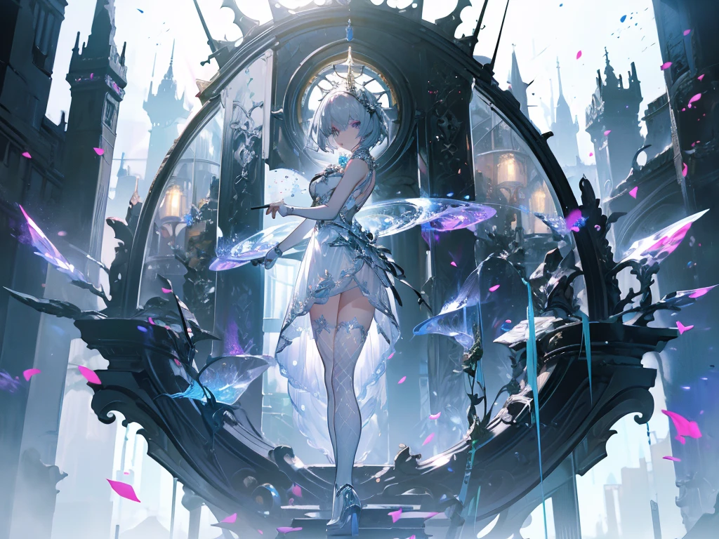 ((masterpiece, best quality)), Epic battlefield atmosphere，Halo，Silver Bell Ice Heart，Magician，Petals falling，A meticulous face，Standing image，Perfect body proportions，Long legs，Stylish short hair，beautiful eyes，Fantasy style，White background，transparent，Sexy，Lace，Fishnet stockings