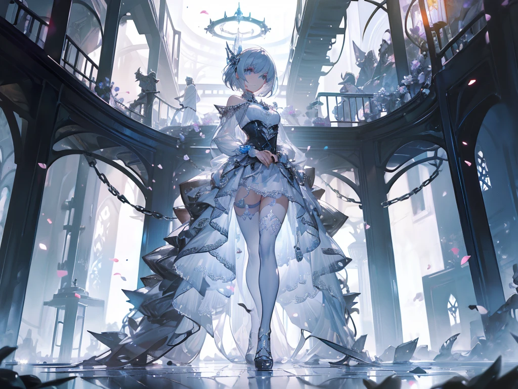 ((masterpiece, best quality)), Epic battlefield atmosphere，Halo，Silver Bell Ice Heart，Magician，Petals falling，A meticulous face，Standing image，Perfect body proportions，Long legs，Stylish short hair，beautiful eyes，Fantasy style，White background，transparent，Sexy，Lace，Fishnet stockings