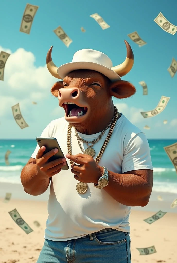 Make that bull laughing more, wearing white t-shirt, speaking with phone, detailed, neck chains, full clothes, white hat, at the beach, surrounded by dollars'notes,