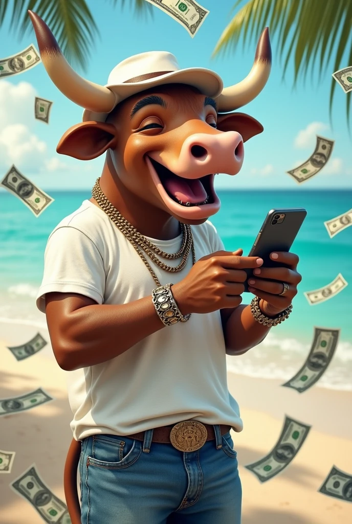 Make that bull laughing more, wearing white t-shirt, speaking with phone, detailed, neck chains, full clothes, white hat, at the beach, surrounded by dollars'notes,