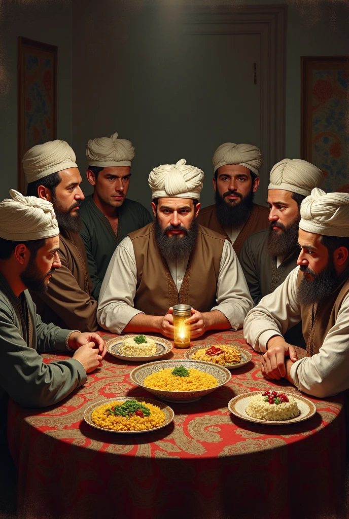 Make mans with Uzbek mustache and Uzbek headdress doppi make for 10 man with uzbek doppi
and let them sit around the Uzbek table, let there be palov and kebab on the table it is not uzbeks it make it realy uzbek mans people in the picture