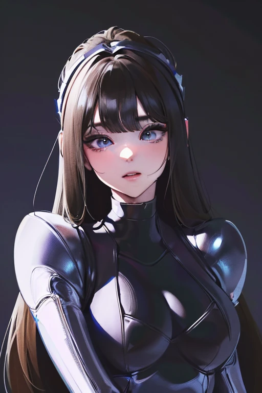 (masterpiece),(Highest quality),(Super detailed),(Best illustrations),(Best Shadow),(Absurd),(Detailed Background),(so beautiful), 16K, 8K, 4K,(Best Shadow),empty eyes,robotization,woman ,big bust,Robot Joint ,Metal skin,Black Suit,long hair,a black suit that covers the whole body