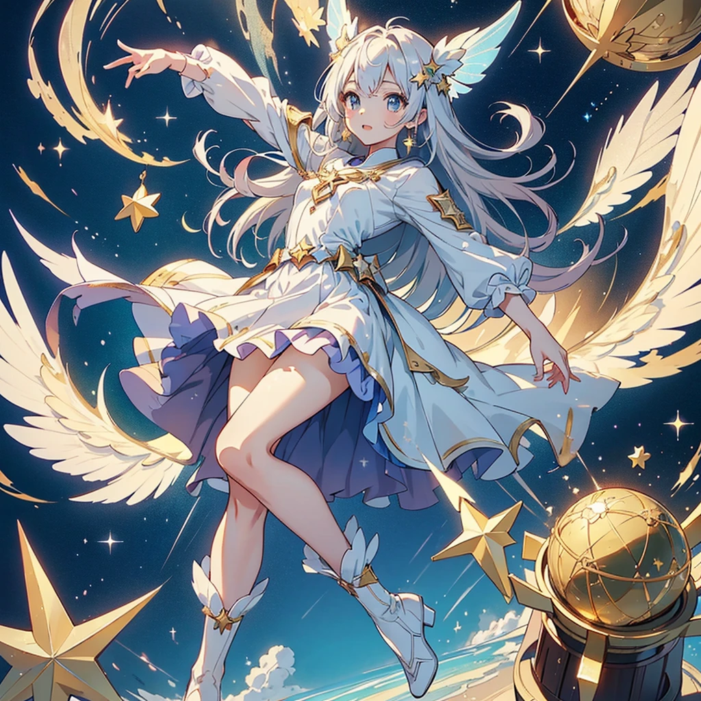 1girl,(((Highest quality、Masterpiece、Official Art、Award-winning works、Perfect Anatomy、Perfect human body、Super detailed、Fine lines of hair、The best dynamic composition)))、Anime Style、Star Fairy、It has transparent rainbow-colored wings growing on its back.、cute、White long boots、☆、Milky Way、universe、Meteors、Giant Star、Charm、Sparkling、Wake Up, Girls!,With feet firmly planted on the star-shaped earth、The stars shine beneath my feet、