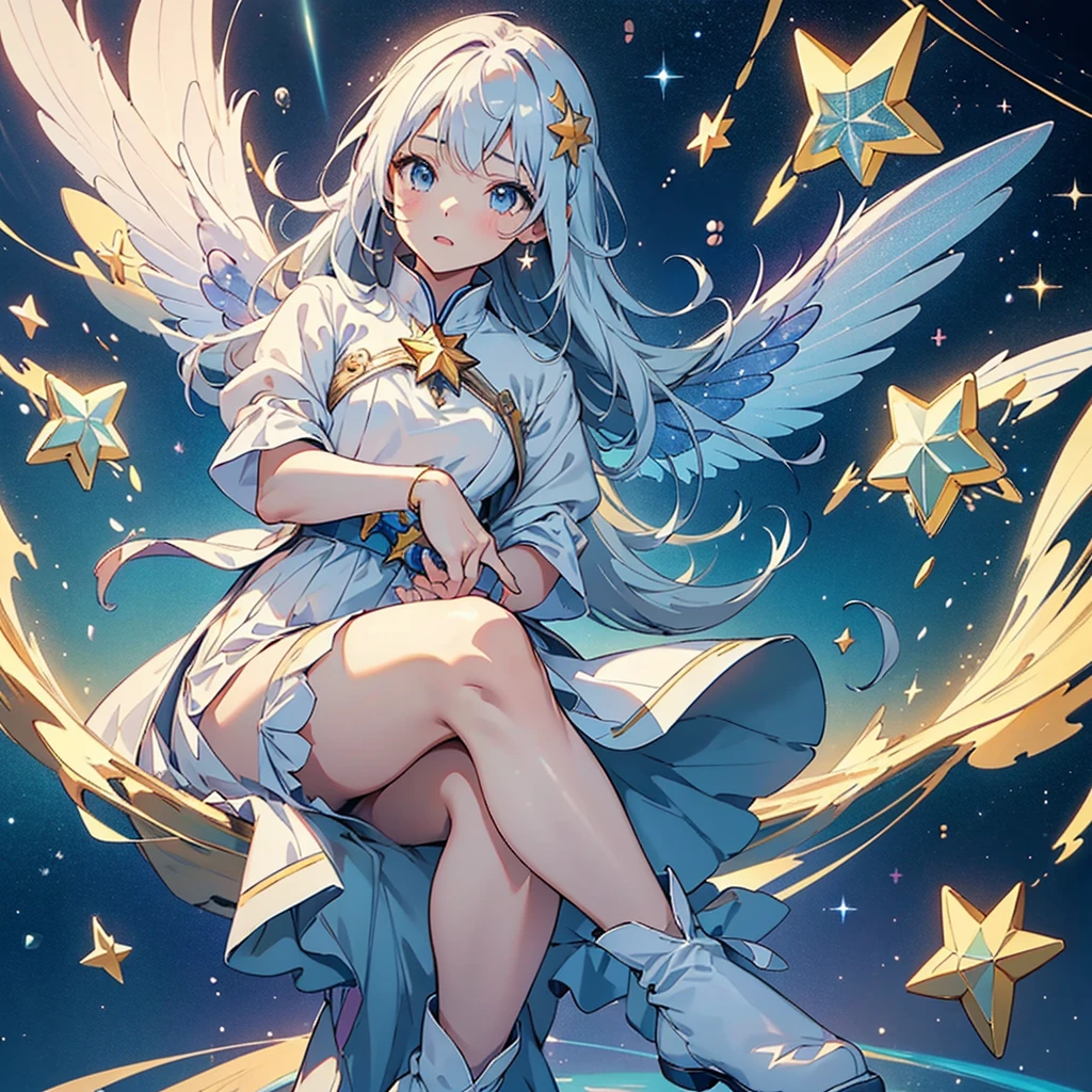 1girl,(((Highest quality、Masterpiece、Official Art、Award-winning works、Perfect Anatomy、Perfect human body、Super detailed、Fine lines of hair、The best dynamic composition)))、Anime Style、Star Fairy、It has transparent rainbow-colored wings growing on its back.、cute、White long boots、☆、Milky Way、universe、Meteors、Giant Star、Charm、Sparkling、Wake Up, Girls!,With feet firmly planted on the star-shaped earth、The stars shine beneath my feet、