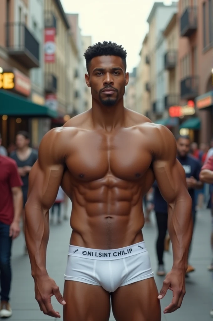 Strong, muscular mixed race man in white underwear showing off to people on the street.