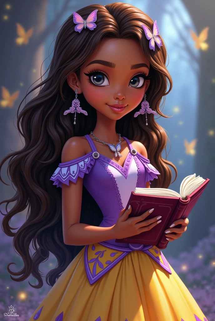 Imagem da filha da Cerise Hood e da Cedar Wood de Ever After High: You must have straight, wavy brown hair with white highlights and braids., dark brown skin, gray eyes, purple dress with white on top and yellow with purple on the bottom, wolf pendant, butterfly earrings, butterfly elements on clothes and hair and holding a book of fairy tales