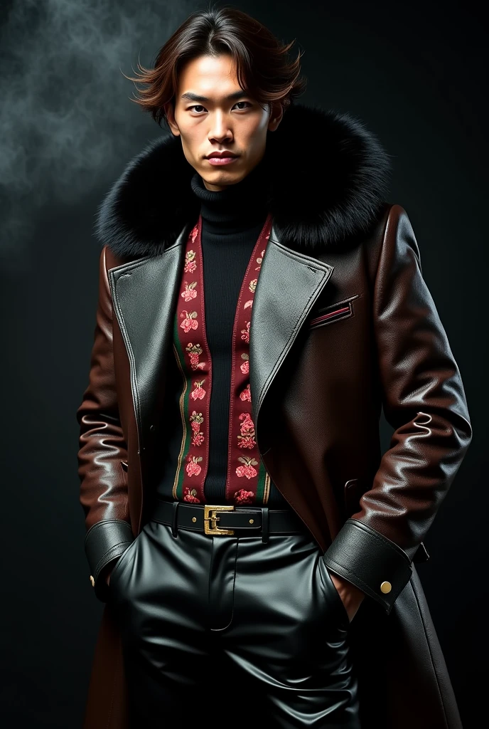 handsome tanned japanese man,wearing a very large tight leather vertical black and floral print stripe coat with gucci design dark green and red lines and black sequin fabric turtle neck top tucked inside latex pants, gold zipper, thick eyebrows, photorealistic, masterpiece, moncler, fluffy fur black hood, highlighted wazy loose short brown hair, open coat, pro model male, void black background with smokes and nice lighting