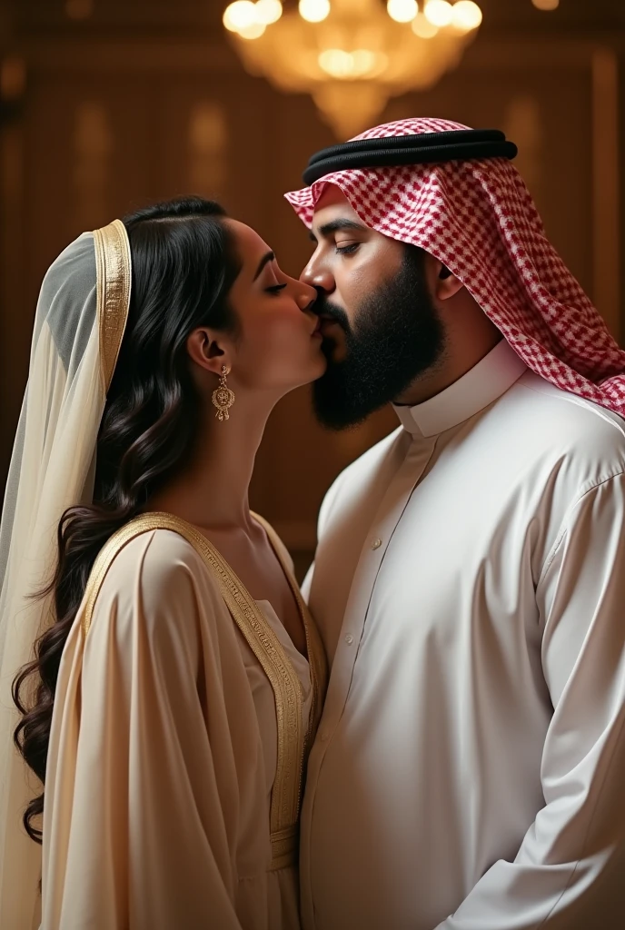 Create an image of a beautiful indian young lady called Saranya kissing Mohammed bin Salman, he's fat and chubby. Saranya is 18