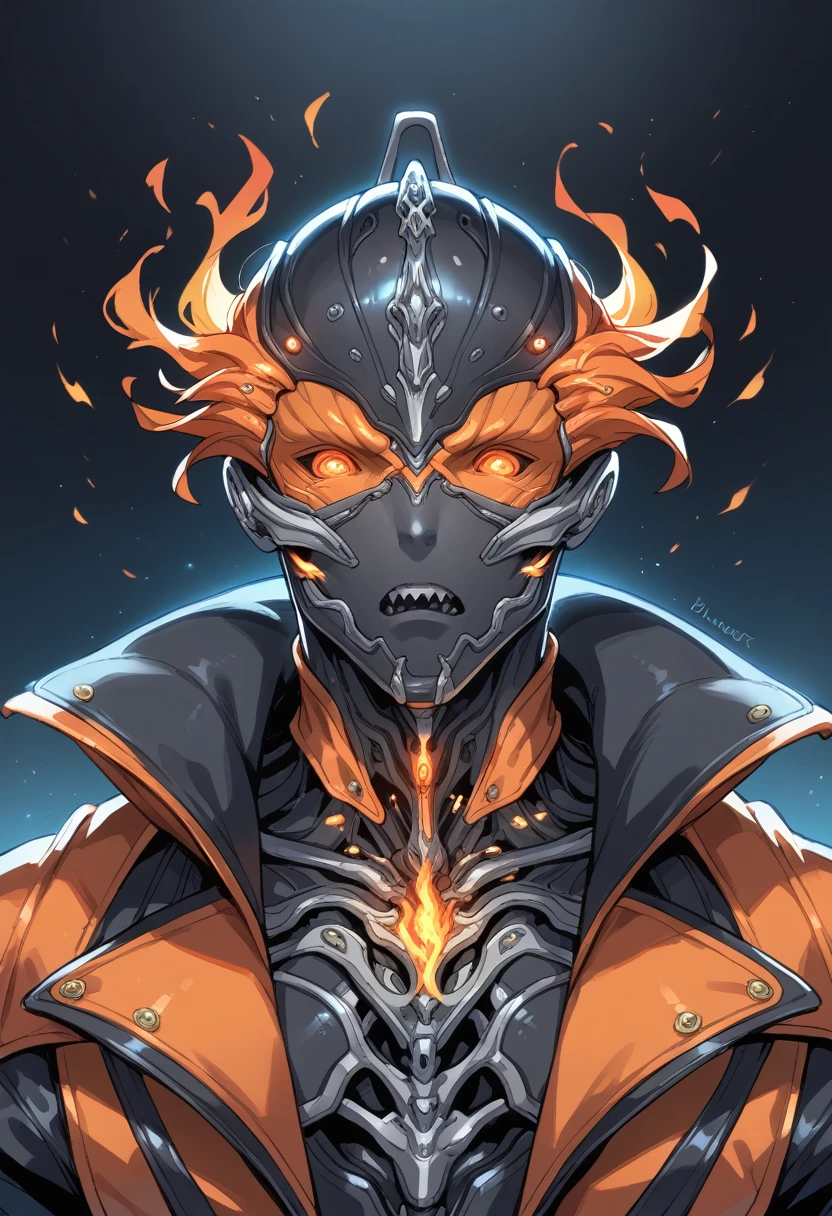 1 man, warframe, robot,(bluevioet fire), black metalic body, fiery hair,tailcoat,gradiant, multicolored body, black body, orange body, faceless, no mouth, ornamented helmet, mask,,twinkling dark purple,aura,split mouth,wide mouth,sharp teeth