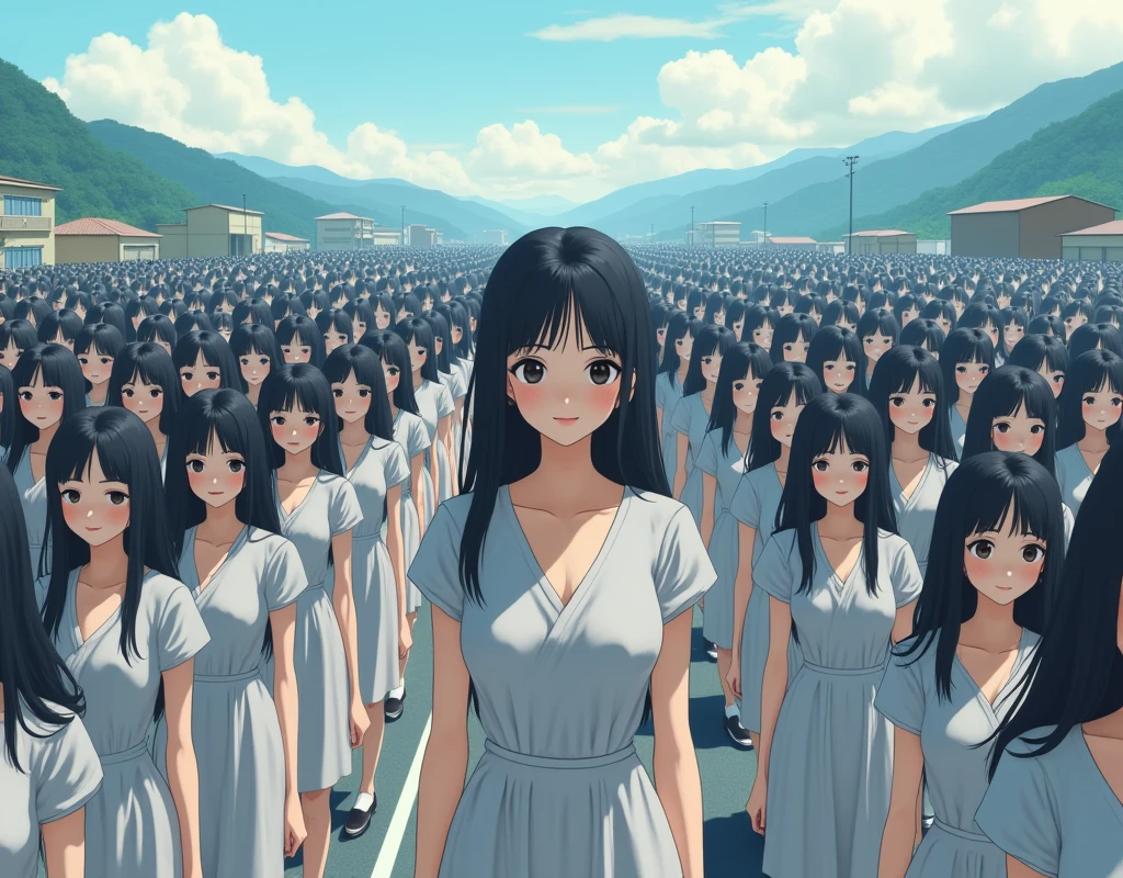 (((((Japanese Clone girls=Myself)))))), (((best masterpiece Clone girls Raw Photography Art))), (16K, Highest quality, Ultra-high resolution, RAW Photos), (((Unrealistic, Unparalleled depiction, An unbelievable sight, Unprecedented and shocking, In a world where myselves are multiplied, Ultra-realistic))), (((Japanese, woman, 26yo, Sasaki Nozomi))), (Small face, ((Thick black hair, Semi-long hair))), ((V-neck short-sleeve dress)), (((((Very beautiful detailed girls, Accurate body structure, Very detailed完璧な, A super busty body with very large breasts, Great proportions, super big breasts, Big, voluptuous breasts, The cleavage is very plump and emphasized))))), (((Dark Eyes, Mature face, Cute Smile, A gentle gaze, ((Very happy laughter))))), ((((((((Very detailedcloning描写, ((1girl→cloning→1,000,000,000,000,000,000,000,000girls)))))))))), ((((((((Very detailed, The precise depiction of the double, ((With the exact same female body, With the exact same face, With the exact same hairstyle, In the exact same clothes, At the exact same height, The same exact super big boobs)))))))))), (((Myself only))), (((100,000,000,000,000,000,000,000,000,000,000,000,000,000,000Myself))), (Beautiful poses to raise the actress's consciousness, Cleavage Emphasis, Walk freely), (((Very detailed, Myself and each other, hug, Back to Back, Myself big collection, Fun conversation with myself, A happy conversation with myself, Kiss Myself Everywhere, Doting on Myself))), (Free pose), (Sexual seduction), (((Unbelievably crowded, Close contact between transcendent selves, Countless "myselves" completely surround me in 360 degrees))), (Bright and soft sunlight), (((super wide view, Very wide field of view, Very detailed, Detailed ultra-perspective depiction with clear depth))), (((Flat and gently undulating terrain, ((Slope)), The countless "myselves" filling the city's boulevards and scramble intersections continue to grow infinitely, reaching beyond the horizon))), (Focus on the center of the group)