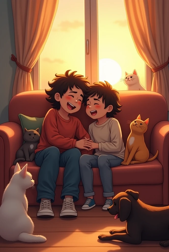 The boy and girl are cuddled up on a comfortable couch in their small apartment, surrounded by two cats and a dog. The girl is tickling the boy, who laughs uncontrollably, while the cats play around and the dog watches from the ground. The lighting is warm, typical of a cozy afternoon, with a window showing the sunset. The scene reflects an intimate and homely atmosphere full of love and happiness..