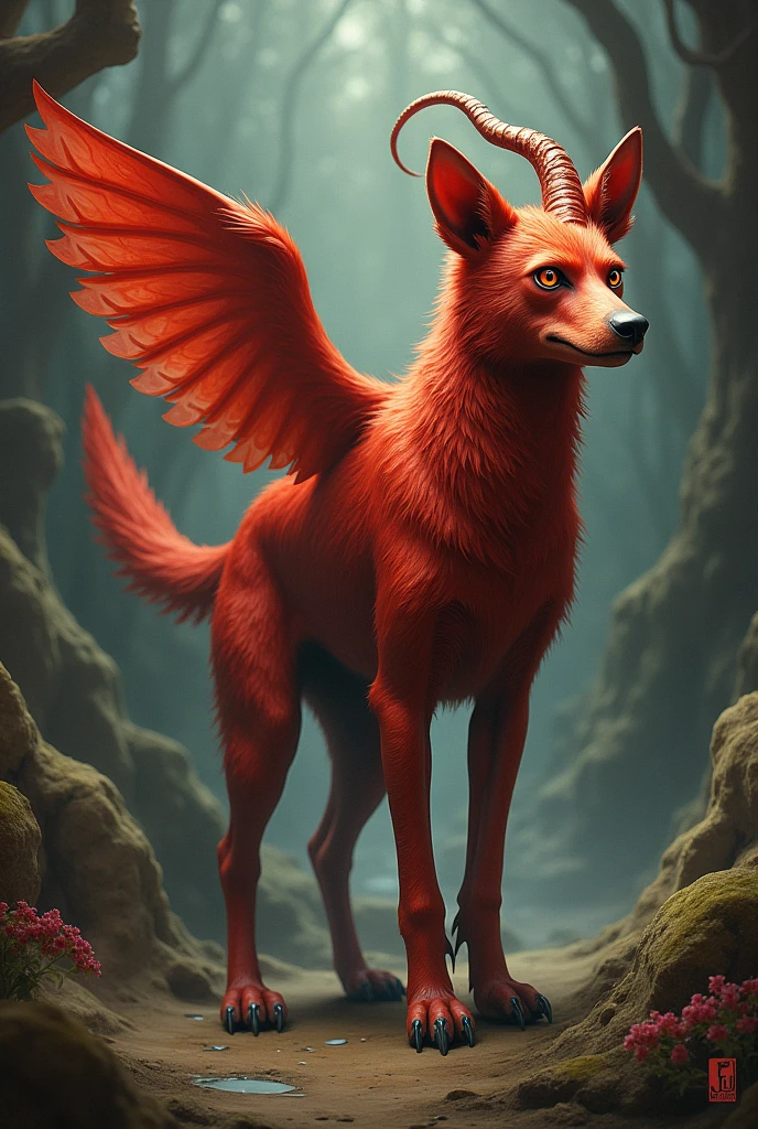 Red fur winged dog with horn, monkey feet and spider eyes