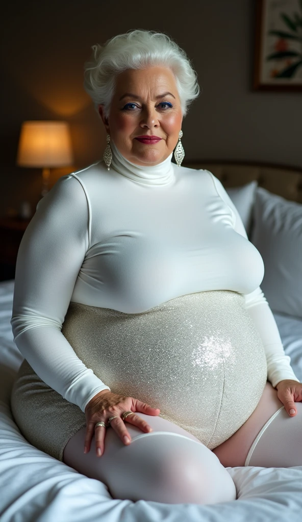 White face American Natural overweight curvy beautiful Mature 70+ modern fancy aged women wearing-loose white turtleneck glittering bodycon dress. White leg stockings.Her big and longer breasts showing their big size s long earnings with blue blue eyelashes blue lipstick looking sexy on her bed